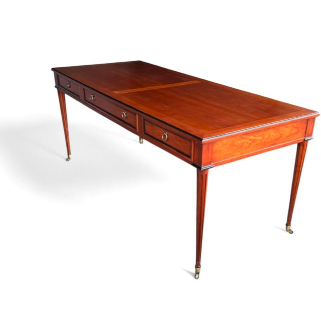 English 1950s Sheraton Mahogany Desk – Restored With Brass Pulls & Caster Wheels For Sale - Image 3 of 14