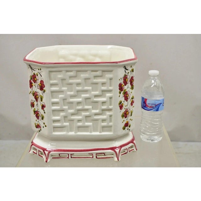 White Vintage Chinoiserie Italian Porcelain Lattice Fretwork Pink Flower Planter Pot For Sale - Image 8 of 8