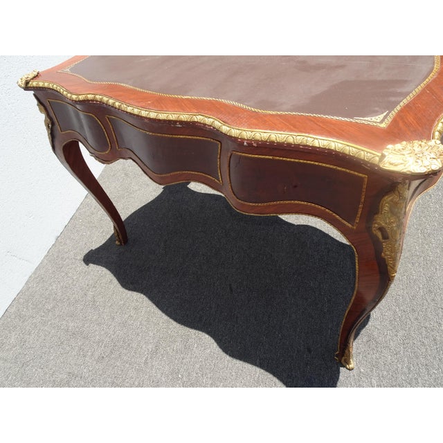 Vintage French Louis XV Bureau Plat Writing Desk Ornate Brass Ormolu Leather Top For Sale - Image 11 of 16