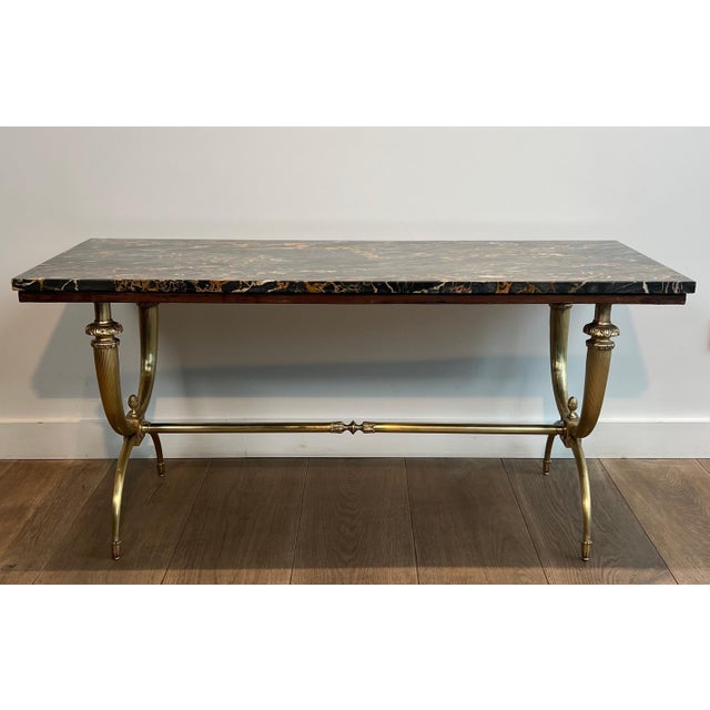 Neoclassical 1940s Raymond Subes Neoclassical Style Brass and Marble Coffee Table For Sale - Image 3 of 12
