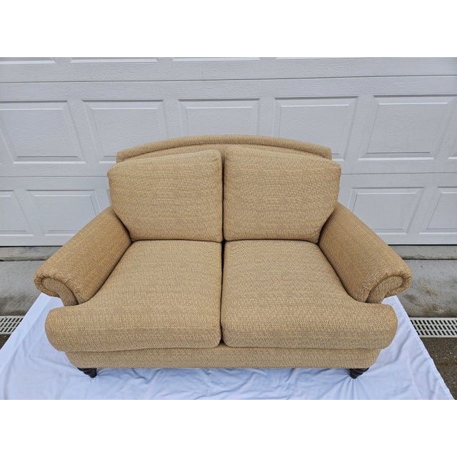 Ethan Allen Tan Rolled Arm Down Filled Loveseat For Sale - Image 12 of 17