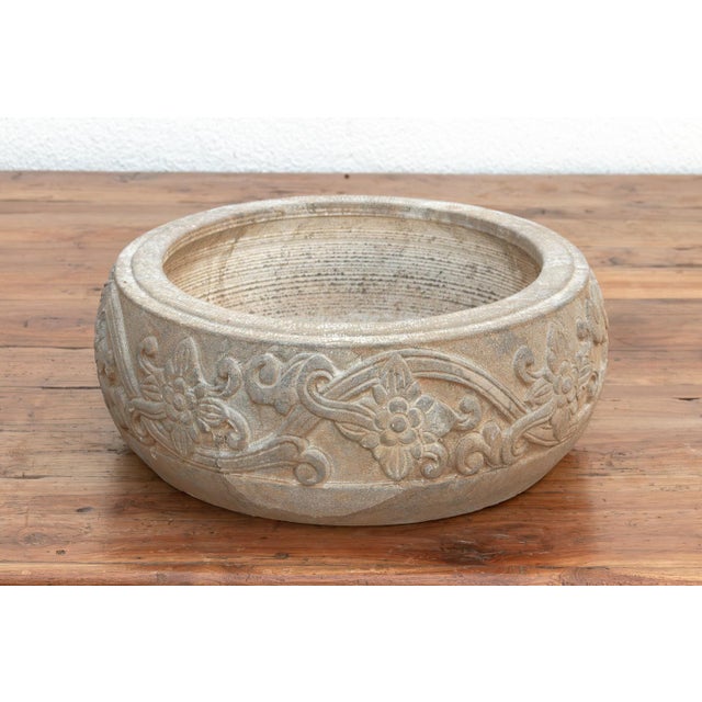 Coastal Lithic Art, Carved Stone Round Basin For Sale - Image 3 of 8