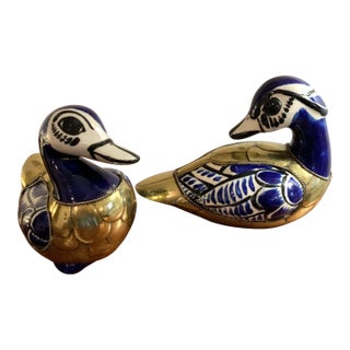 Vintage Tonala Ceramic and Brass Ducks For Sale