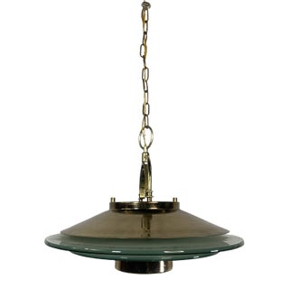 Mid Century Modern Brass and Frosted Glass Flying Saucer Style Chandelier For Sale