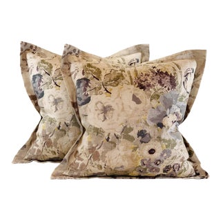Designer P Kaufmann Braemore Green Gray Lilac Purple "Lisette" Floral Bouquet Botanical Linen Pillow Covers- 25" Pair For Sale
