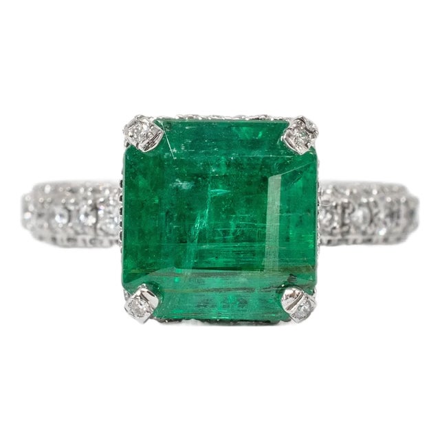 14k White Gold Gia 3.90ct Emerald Hidden Halo Accented Diamond Cocktail Ring, Size 5.25 For Sale