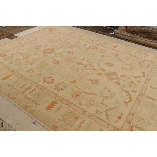 Turkish Vintage Turkish Oushak Rug in an All Over Beige, Orange, Green Floral Pattern For Sale - Image 3 of 9