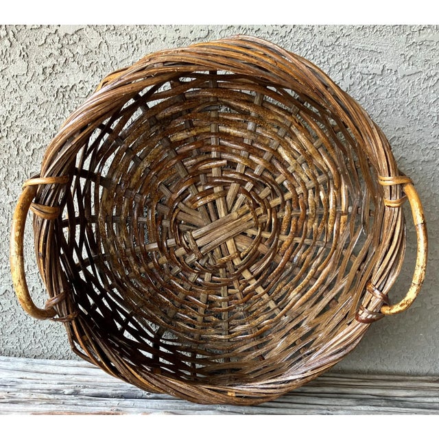 Camel Mid 20th-Century Substantially-Sized Tortoise Shell Rattan Ear-Handle Round Floor Basket For Sale - Image 8 of 11