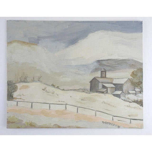 Oil on canvas board gray tonalist farmhouse landscape by Betty Gerald (20th Century, Texas) 1978. Signed lower right...