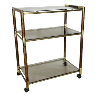 Italian Brass and Wood 3-Shelf Trolley or Bar Cart by Tommaso Barbi, 1970s For Sale