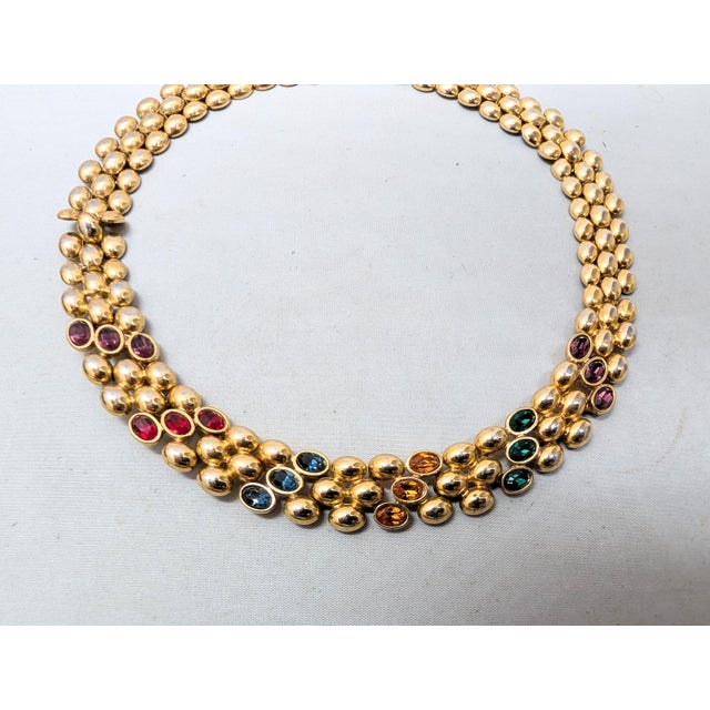 Metal Vintage Signed Napier Goldtone Jewel Tone Rhinestone Collar Necklace For Sale - Image 7 of 11