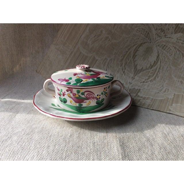 Charming French Luneville Pate Dish & Stand - St. Clément "Coq" Pattern, Hand-Painted Rooster Motif For Sale - Image 10 of 10