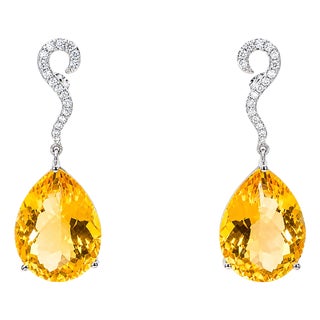 Late 20th Century 18K White Gold Diamond Citrine Drop Earrings Pear Citrine, Pair For Sale
