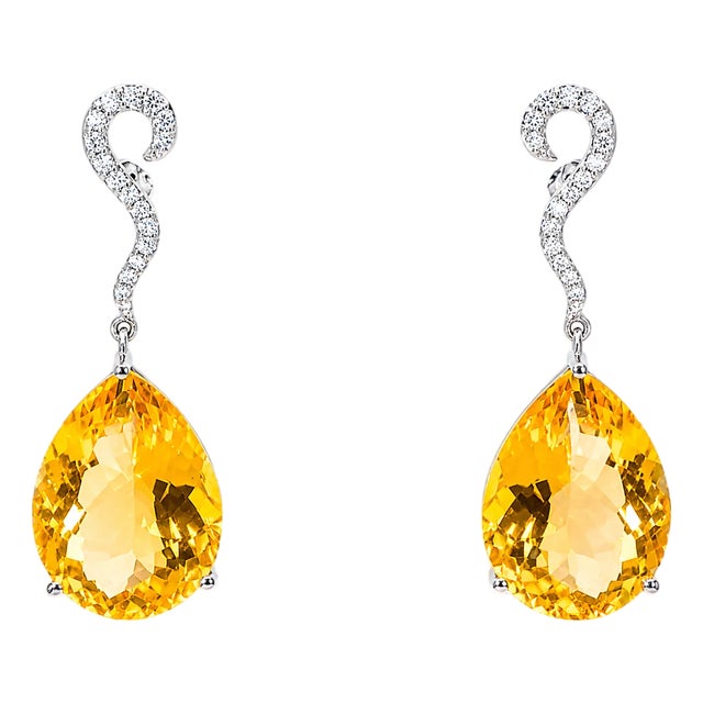 Late 20th Century 18K White Gold Diamond Citrine Drop Earrings Pear Citrine, Pair For Sale