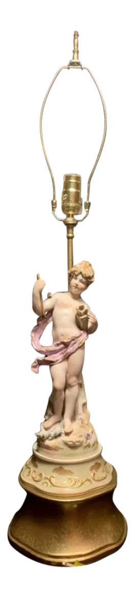 Mid-Century Porcelain Cupid Figural Table Lamp, Lenwile China