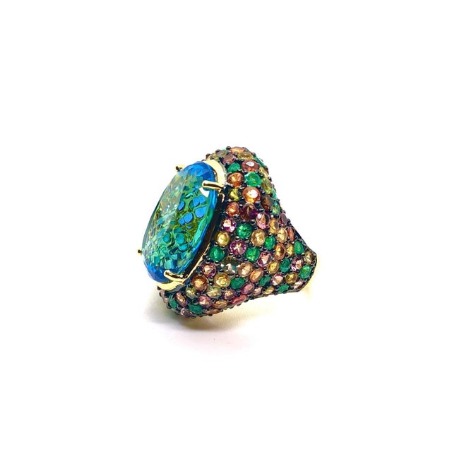 Bochic “Orient” Vintage Tourmaline & Blue Topaz Ring Set 18 K Gold & Silver Natural Blue Topaz 12.00 Carat Natural multi...