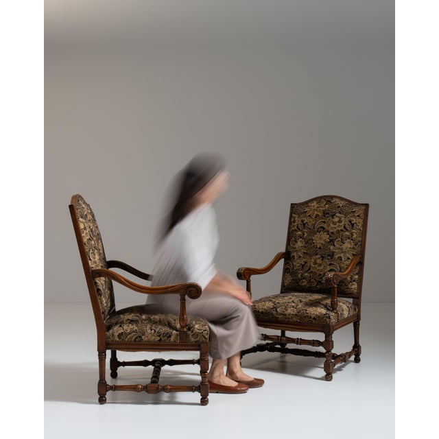 Wood Pair of 19th Century French Dark Brown Louis XIII Upholstered Throne Armchairs For Sale - Image 7 of 14