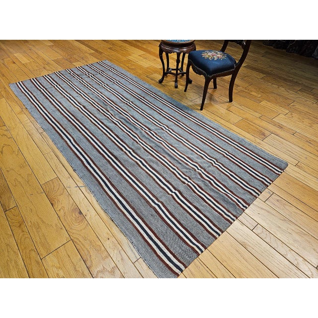Gray Vintage Turkish Kilim Rug, Handwoven Wool, Gray & Maroon Stripes, 5x10 For Sale - Image 8 of 11