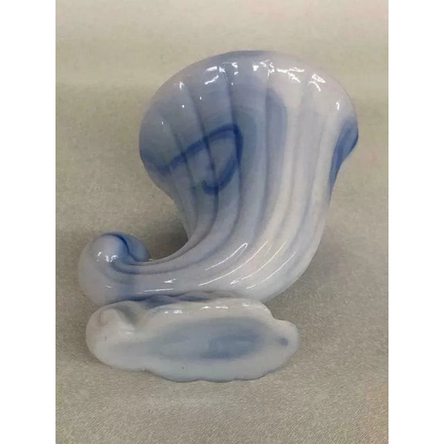White Akro Agate Blue Slag Glass Cornucopia Horn Small Vase Candle Holder For Sale - Image 8 of 11