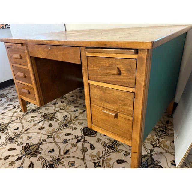 Vintage Solid Oak Pedestal Desk With Drawers For Sale - Image 4 of 11