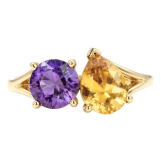 Amethyst & Citrine Toi Et Moi Ring, Dual Gemstone Birthstone Promise Ring Us 7 For Sale