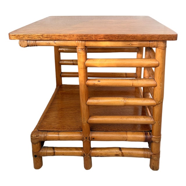 Vintage Mid-Century Modern 1940’s Rattan, Bamboo ‘Jacob’s Ladder’ Original Condition Drink Table, Beside Table, Side Table, Palm Beach Style For Sale
