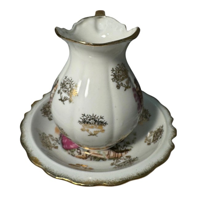 Victorian Vintage Japanese Creamer & Saucer With Victorian Courting Couple and Gold Gilt For Sale - Image 3 of 13