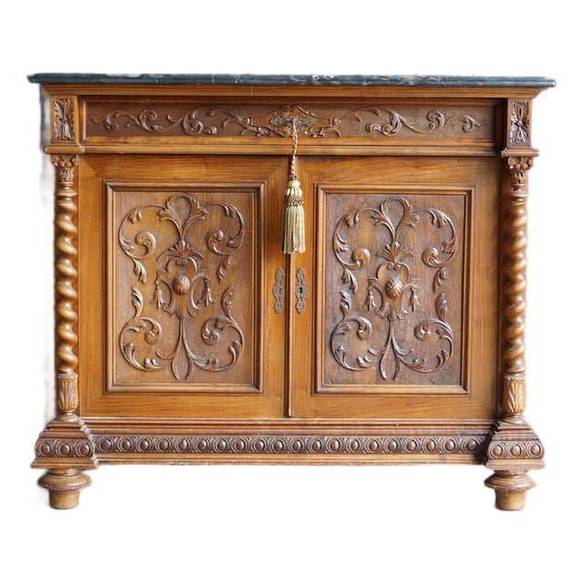 Antique English Style Walnut Marble Top Buffet For Sale