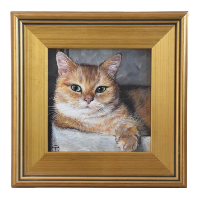 Orange Cat Kitten Portrait Painting Including the Antiqued Gold Wood Frame For Sale