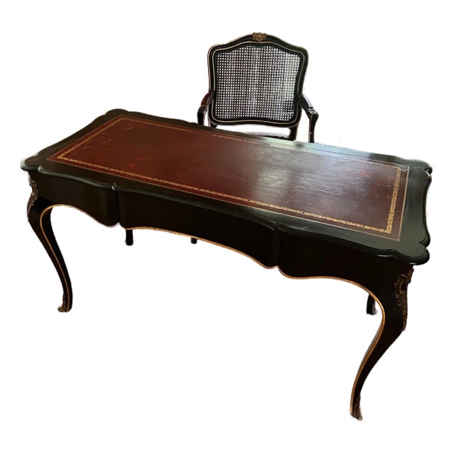 John Widdicomb Louis XV Style Ebonized & Gilt Writing Desk With Tooled Leather Top and Matching Chair, 1950s Grand Rapids For Sale