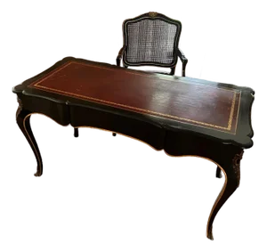 John Widdicomb Louis XV Style Ebonized Desk and Chair With Tooled Leather Top, 1950s