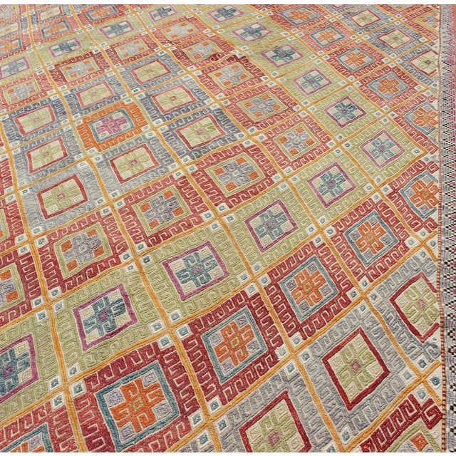 Mid 20th Century Geometric Diamond Vintage Turkish Kilim Rug, Bright and Colorful For Sale In Atlanta - Image 6 of 13