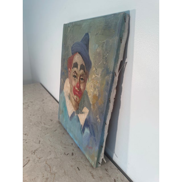 1960s Signed Original Oil Painting of a Somber Circus Clown in Blue For Sale - Image 4 of 12