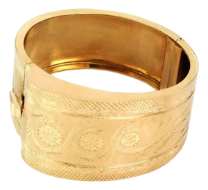 Fancy Wide Hinged 14k Yellow Gold Bangle Bracelet
