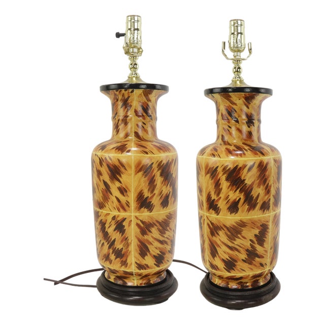 A Pair of Early 21st-Century Hand-Painted Tortoiseshell-Patterned Art Ceramic Table Lamps For Sale