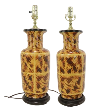 Hand-Painted Tortoiseshell-Patterned Art Ceramic Table Lamps - a Pair