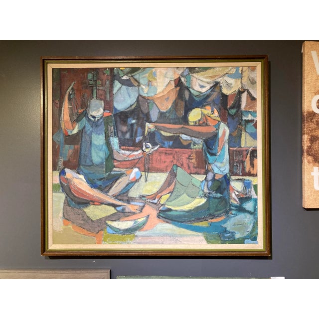 1952 Cubist Inspired Figurative Oil on Canvas. Framed and Illegibly signed (lower right) from Miami Estate.