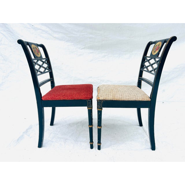 Black 50's Regency Style Painted Black Chinoiserie Set of 2 Chairs For Sale - Image 8 of 12