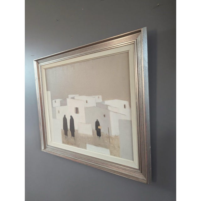 Mid-Century Modern 'Quiet Commune' Original Figure City Oil Painting by Swedish Artist Fabian Lundqvist (1913-1989), Framed For Sale - Image 6 of 12