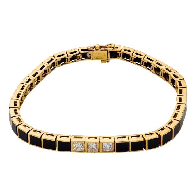Vintage Diamond Onyx 18k Yellow Gold Tennis Bracelet For Sale