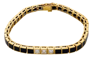 Vintage Diamond Onyx 18k Yellow Gold Tennis Bracelet