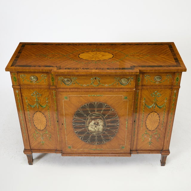 19th Century Edwardian Calamander Tulipwood Inlaid & Painted Satinwood Sideboard For Sale - Image 4 of 13
