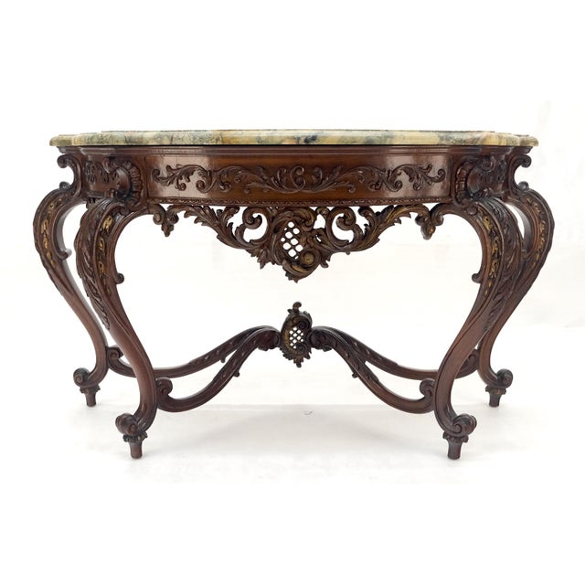Regency Revival Heavily Fine Carved Stretcher Base Marble Top Console Table MINT For Sale - Image 10 of 18