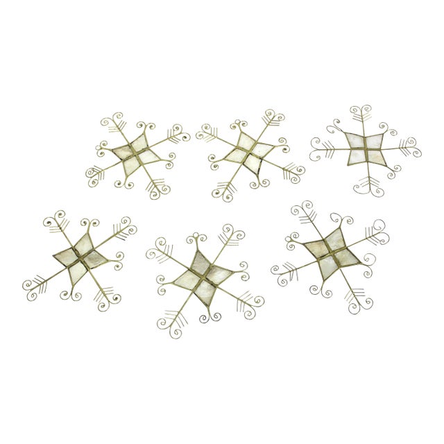 Vintage Capiz Shell and Gold Wire Snowflake Christmas Ornaments, Set of 6 For Sale