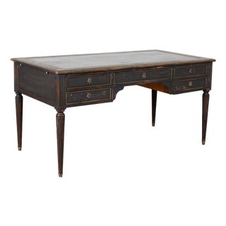 Early 20th Century Swedish Black Painted Five-Drawer Desk With Embossed Leather Top For Sale