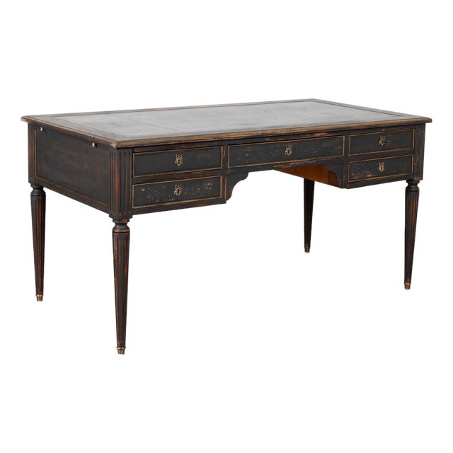 Early 20th Century Swedish Black Painted Five-Drawer Desk With Embossed Leather Top For Sale