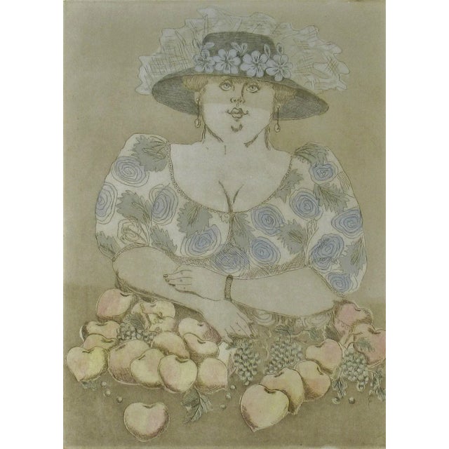 This artwork "Woman with Fruits" c.1980 is an original color aquatint by noted 20th century Bolivian Artist Norha Beltran....