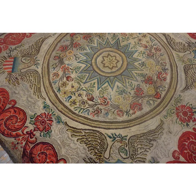 Magistral Tan Beige Color With Floral and Geometric Design Antique American Hooked Rug For Sale - Image 9 of 15