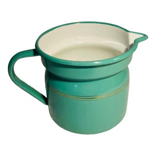 Vintage Large Enamelware Pitcher Aqua With White Interior Double Gold Stripes For Sale