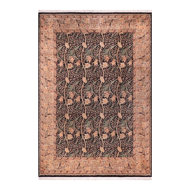 Shabby Chic 1990's Daffodils Pak-Persian Black/Tan Wool Rug - 9'0'' X 12'1'' For Sale
